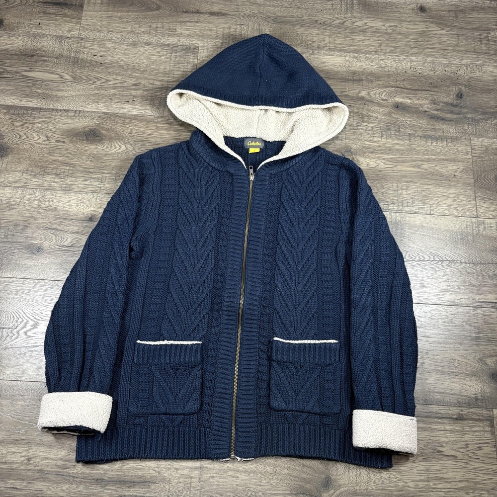 Cabela's Sweater Womens Large Blue Cable Knit Sherpa Lined Hooded Full Zip
